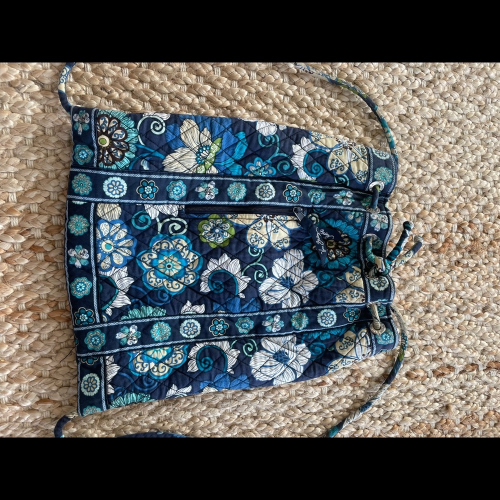 Vera Bradley Mod Floral BLUE Quilted Drawstring Bucket Backpack Bag Purse